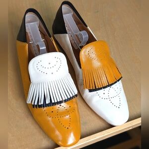 About Arianne 37 Spanish Leather Fringe Hobo Slipper Black White Mustard Yellow